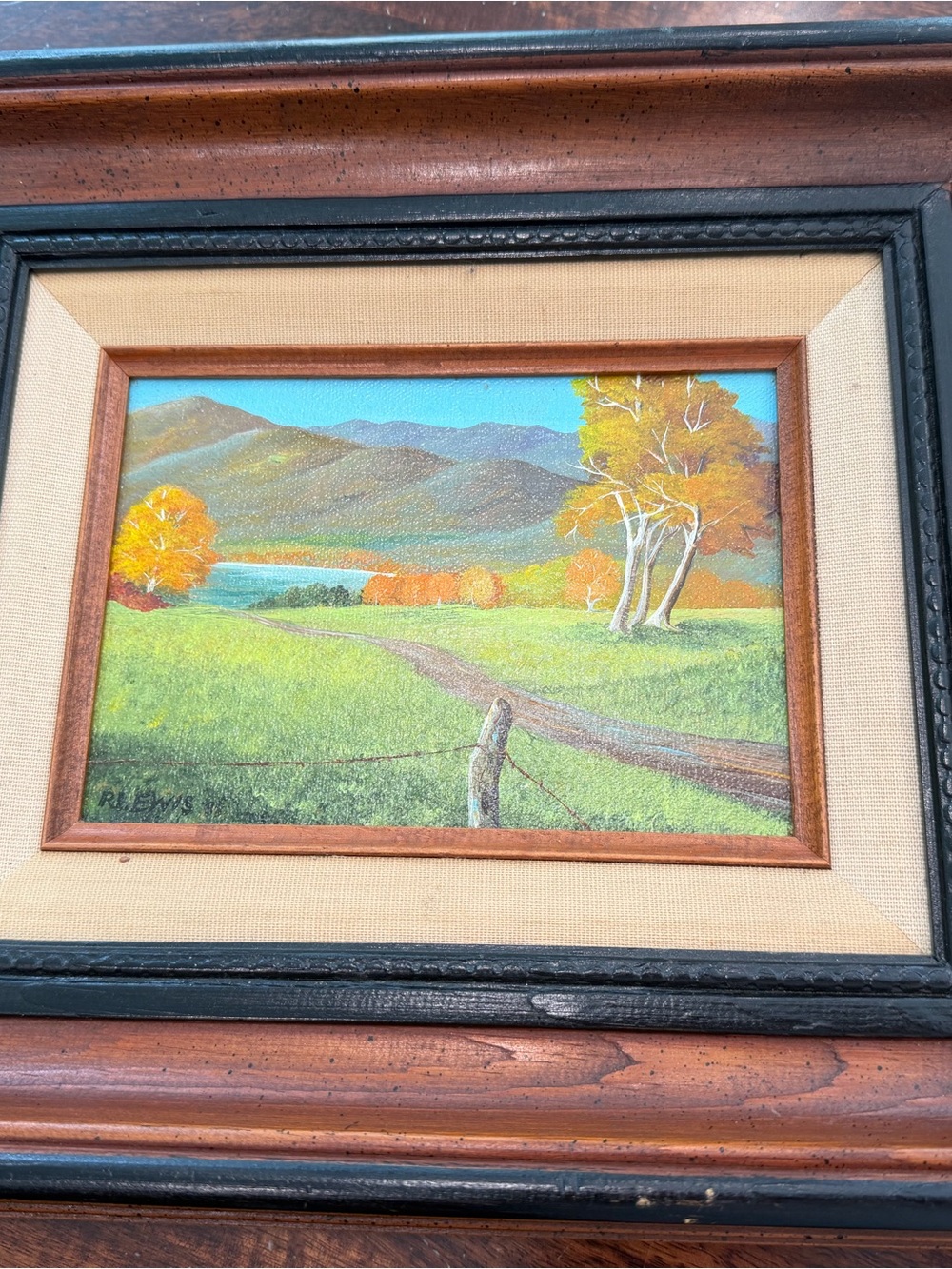 Vintage 1981 R.L.Lewis oil on board landscape painting original framed 13”x11”
